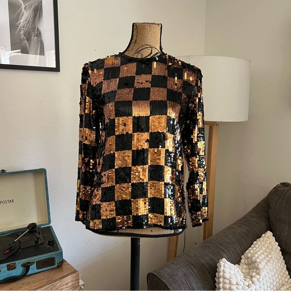 Argenti Vintage Black & Copper Sequins Checkered Silk Blouse Size S - Picture 3 of 14